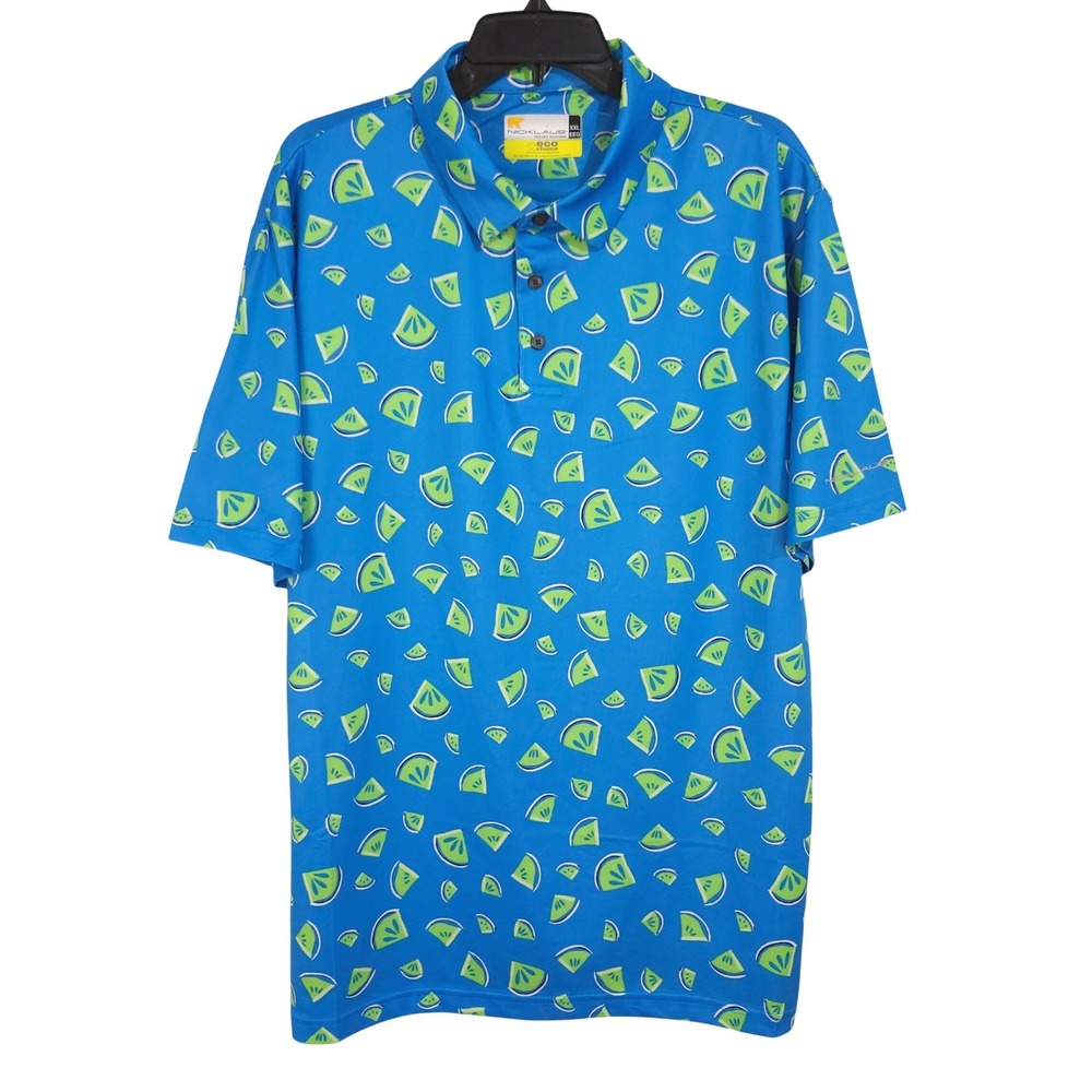 Nicklaus Eco Choice Golf Polo Shirt Mens XXL Blue Lime Fruit Print Short Sleeve‎